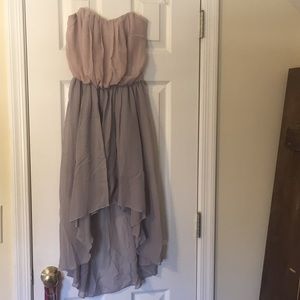 neutral high low dress strapless.